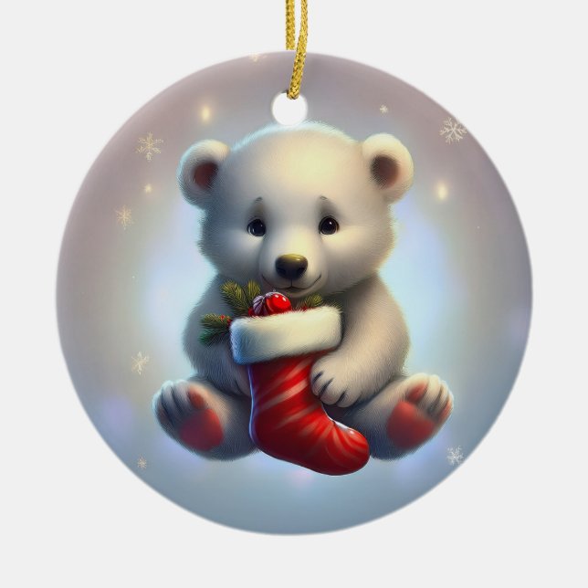 Cute Little Christmas Polar Bear Julgransprydnad Keramik (Framsidan)