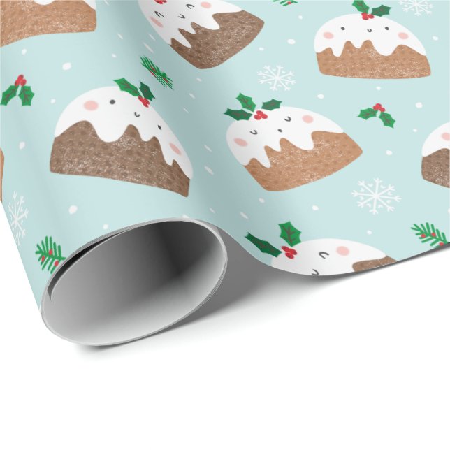Cute Little christmas puddings on light blue Presentpapper (Rullad Hörn)