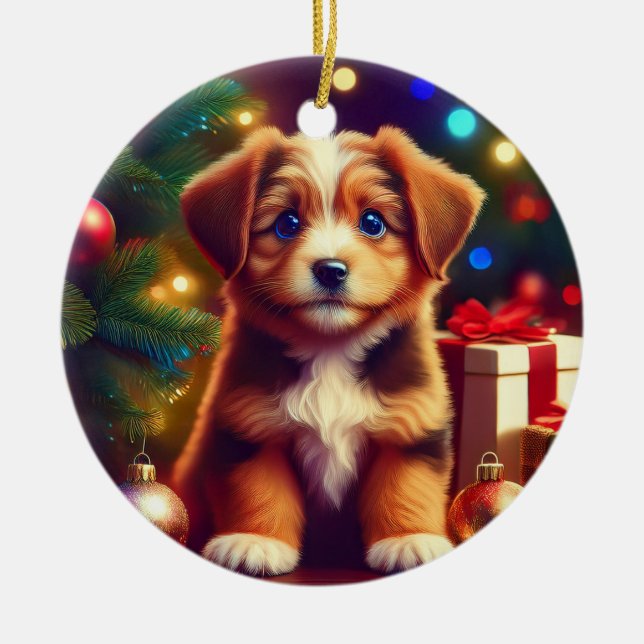 Cute Little Christmas Puppy Julgransprydnad Keramik (Framsidan)