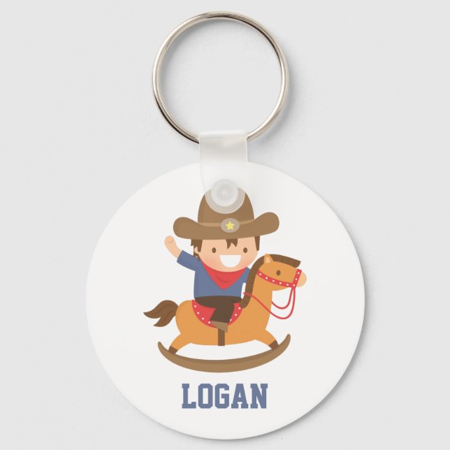 Cute Little Cowboy på Rocking Horse Keychain Nyckelring (Framsida)
