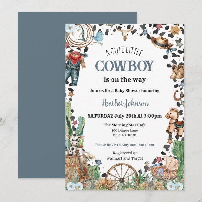 Cute Little Cowboy Western Watercolor Baby Shower Inbjudningar (Fram/baksida)