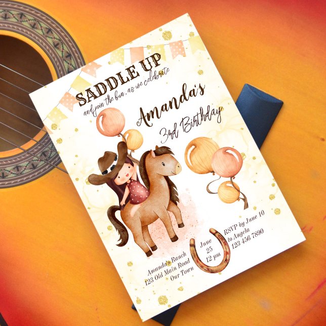 Cute Little cowgirl-sadel på födelsedagen inbjudan (Skapare uppladdad)