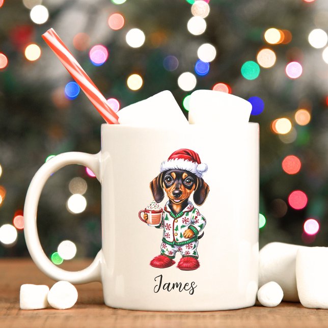Cute Little Dachshund jul Mugg (Personalized Dachshund wiener dog Christmas mug.)