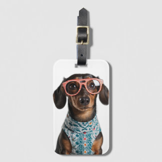 Cute Little Dachshund With Red Glasses Bagagebricka