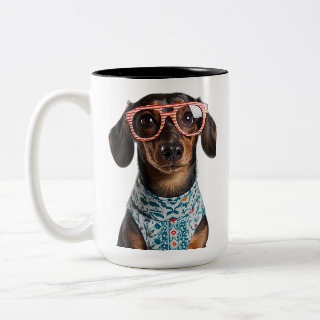Cute Little Dachshund With Red Glasses Två-Tonad Mugg (Vänster)