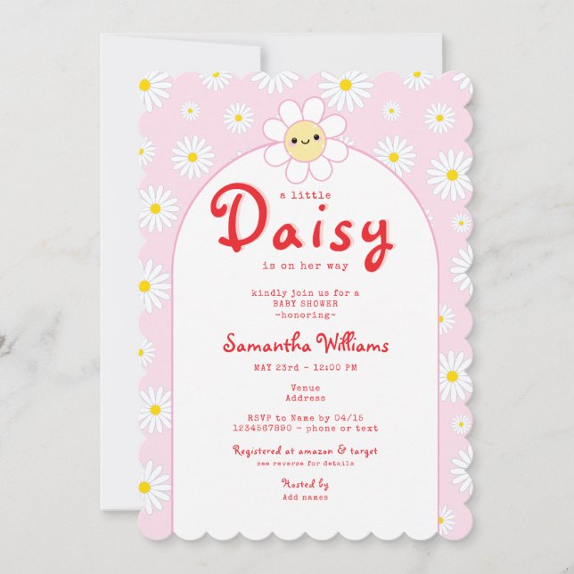 Cute Little Daisy Modern Rosa Red Girl Baby Shower Inbjudningar (Framsida)