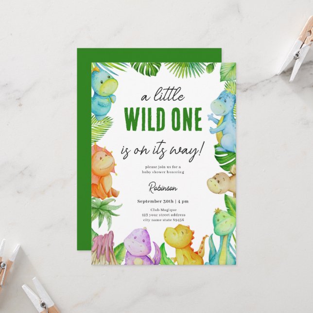 Cute Little Dino Baby Shower Inbjudningar (Fram/Back In Situ)