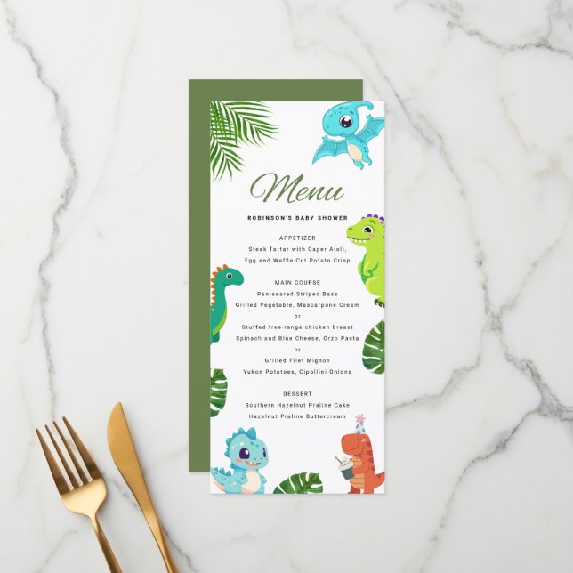 Cute Little Dino Baby Shower Meny (Fram/Back In Situ)