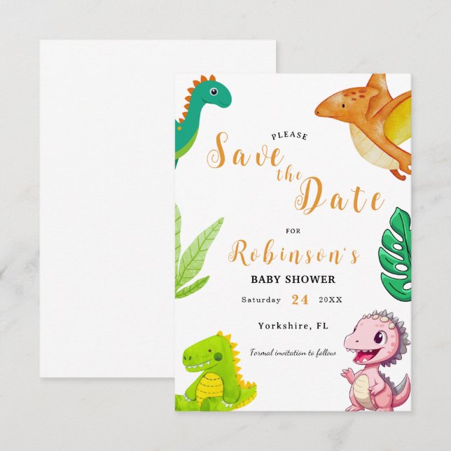 Cute Little Dino Baby Shower Spara Datumet (Fram/baksida)