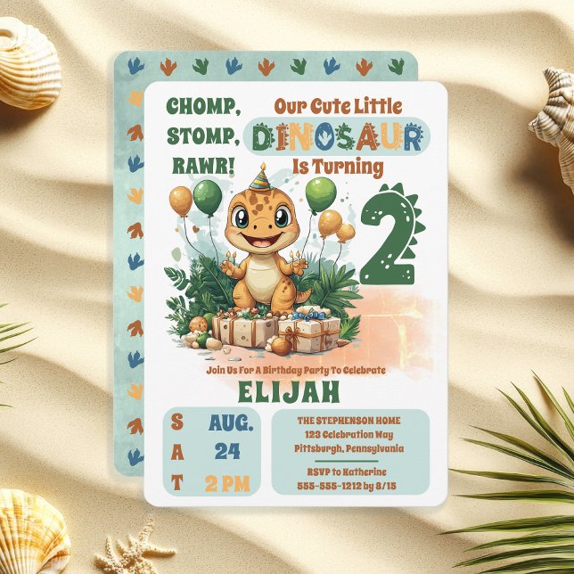 Cute Little Dinosaur Boy 2:a födelsedagen Party Inbjudningar ("Chomp, Stomp, Rawr!" "Our Cute Little Dinosaur Is Turning 2" 2nd Birthday Party Invitation)