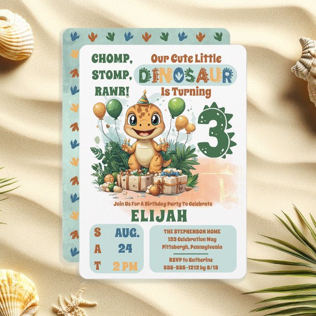 Cute Little Dinosaur Boy 3rd Birthday Party Inbjudningar ("Chomp, Stomp, Rawr!" "Our Cute Little Dinosaur Is Turning 3" 3rd Birthday Party Invitation)