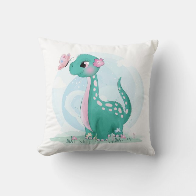 Cute Little Dinosaur med Butterfly Cushion Kudde (Framsida)