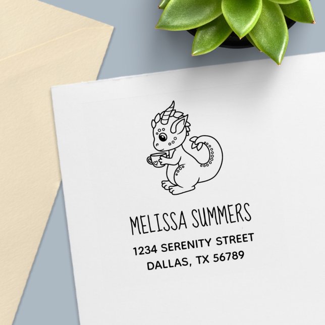 Cute Little Dragon med Tekopp Adress Självfärgande Stämpel (Skapare uppladdad)