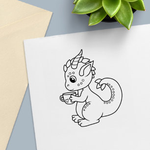 Cute Little Dragon med Tekopp Färg Me Självfärgande Stämpel