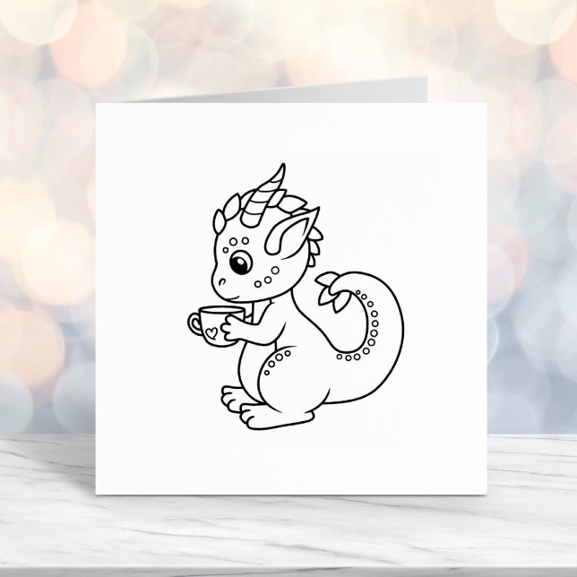 Cute Little Dragon med Tekopp Färg Me Självfärgande Stämpel (Skapare uppladdad)