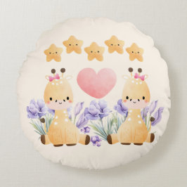 Cute Little Duo Giraffe Round Pillow Rund Kudde