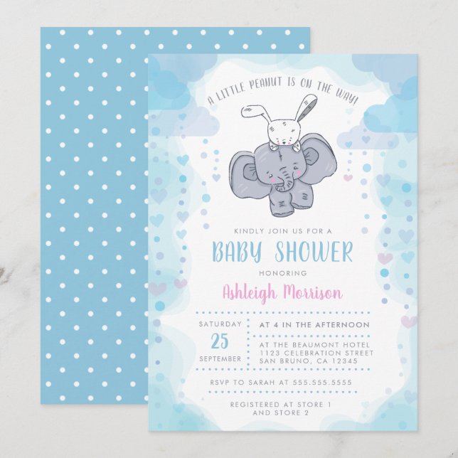 Cute Little Elephant & Baby Bunny Pojke Shower Inbjudningar (Fram/baksida)