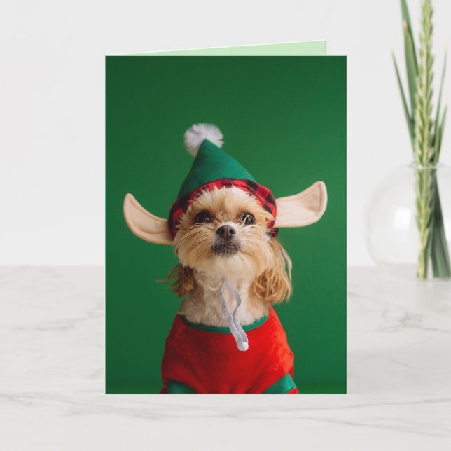 CUTE LITTLE ELF HUND FUNNY CHRISTMAS CARD HELGKORT (Framsida)