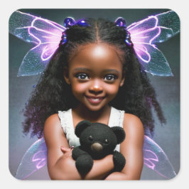 Cute Little Fairy Girl med Nalle Fyrkantigt Klistermärke