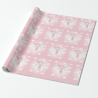 Cute little fairy in pink sky presentpapper