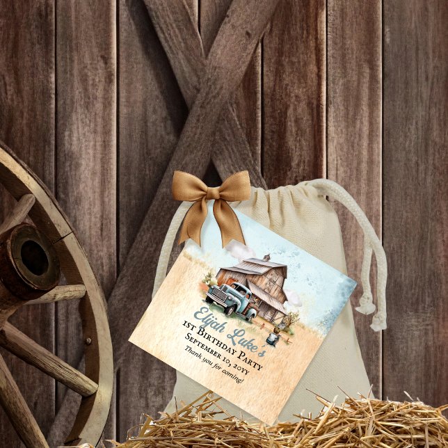 Cute Little Farmer 1:a födelsedag Party Tack Gåvor Etiketter (Blue Boy 1st Birthday Party Barn | Vintage Truck Favor Tags)