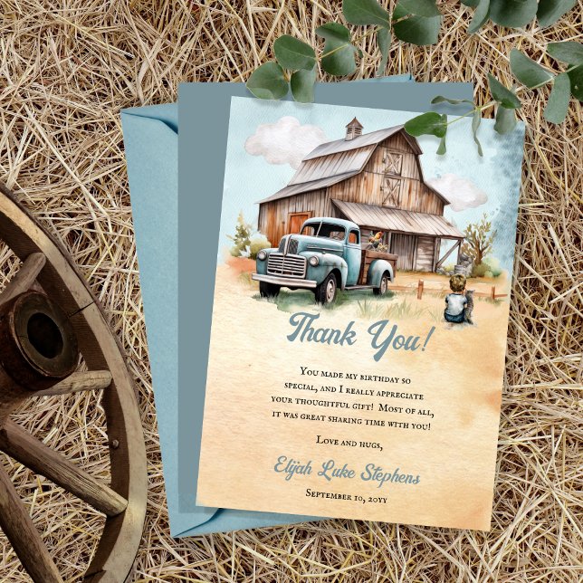 Cute Little Farmer Födelsedagsfest Tack Kort (Vintage Blue Truck | Barn Little Farmer "Thank You!" Card )