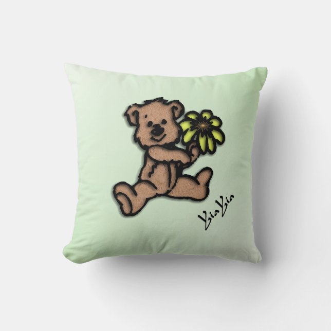 Cute Little Flower Bear Yia Yia Grönt Dekorativ ku Kudde (Framsida)