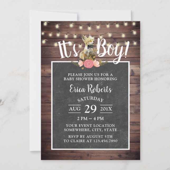 Cute Little Fox Boy Rustic Chalkboard Baby Shower Inbjudningar (Framsida)