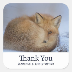 Cute Little Fox Curve Up Winter Photo Birthday Fyrkantigt Klistermärke