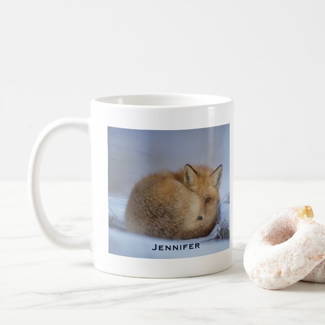 Cute Little Fox Curve Up Winter Photo Kaffemugg (Med munk)