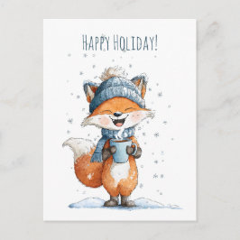 Cute little fox enjoying a warm drink helg vykort