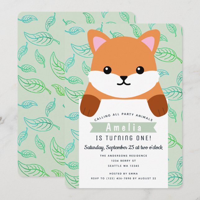 Cute Little Fox Kids första födelsedag Inbjudningar (Fram/baksida)
