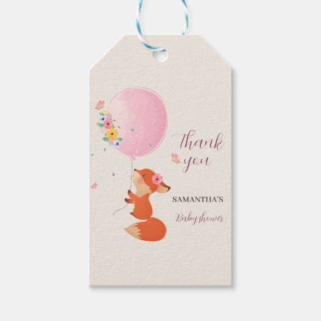 Cute Little fox med rosa ballong Gift Märkre Presentetikett (Framsidan)