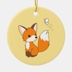 Cute Little Fox vaktar fjäril på Gult Julgransprydnad Keramik