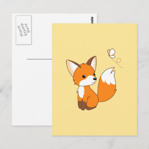 Cute Little Fox Wating Butterfly Vykort