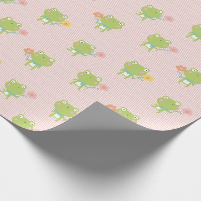Cute Little Frogs med blommor på rosa rand Presentpapper (Hörn)
