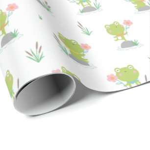 Cute Little Frogs med blommor på vitt Presentpapper