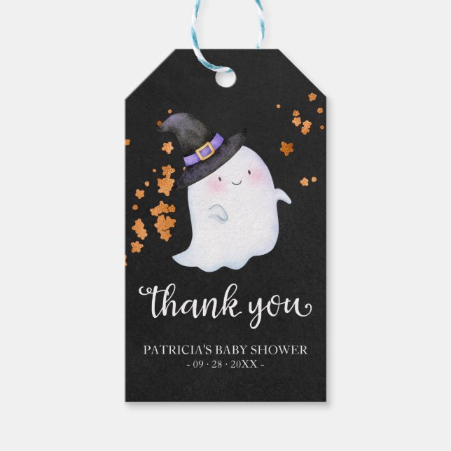 Cute Little Ghost Halloween Baby Shower Tack Presentetikett (Framsidan)