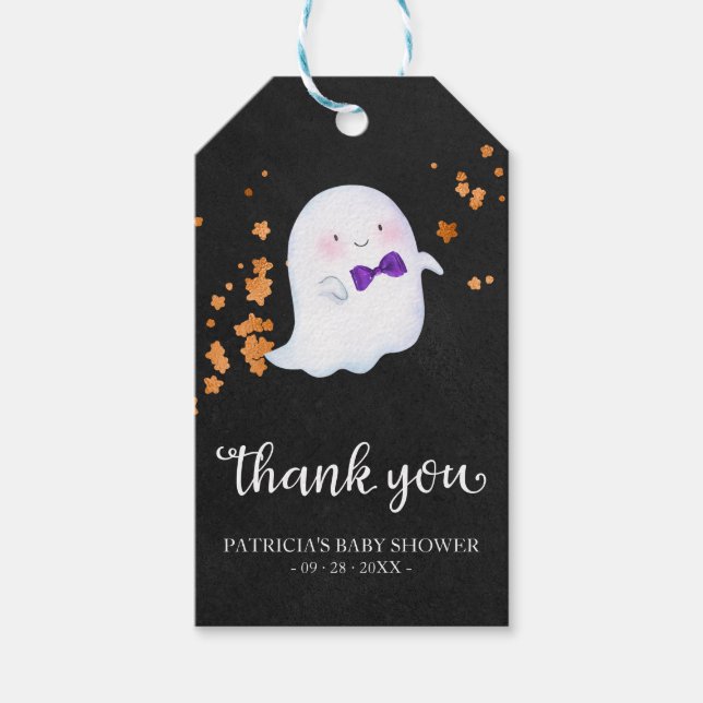 Cute Little Ghost Halloween Baby Shower Tack Presentetikett (Framsidan)