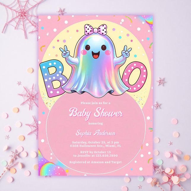 Cute Little Ghost Rosa Halloween Girl Baby Shower Inbjudningar (Little Boo Iridescent Ghost Baby Shower Invitation Cute Halloween Coquette Girl Invite)