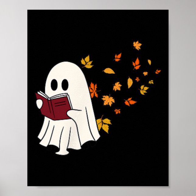Cute Little Ghost som läser Bok under Höst löv W Poster (Framsidan)