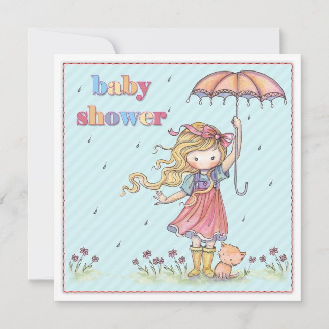 Cute Little Girl and Kitten Baby Shower Inbjudan (Framsida)