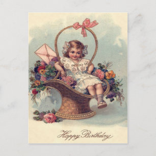 Cute Little Girl Basket Flowers Brev Vykort