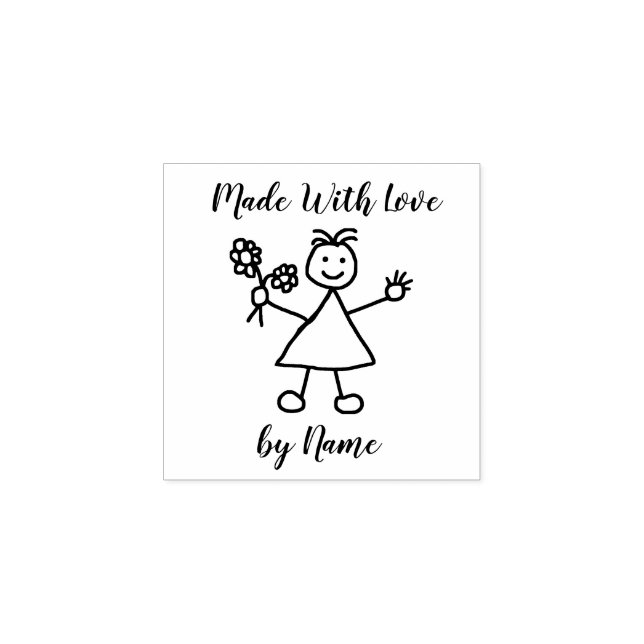 Cute Little Girl Bunch Flowers Stämpel (Tryck)