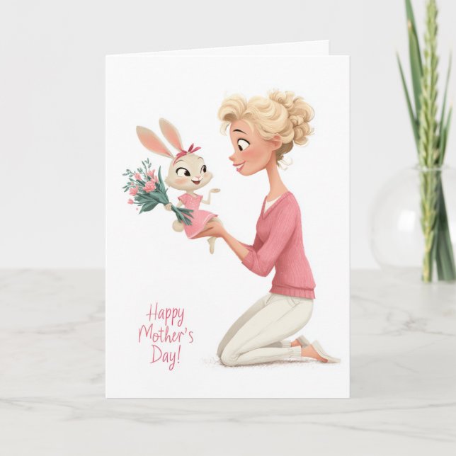 Cute Little Girl Bunny Bringing Mama Flowers Kort (Framsida)