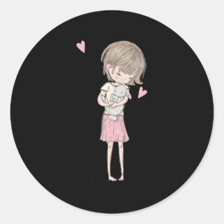 Cute Little Girl & Bunny Rabbit Rosa Hearts Runt Klistermärke