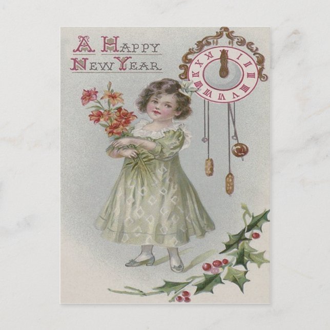 Cute Little Girl Clock Midnight Holly Flowers Vykort (Framsida)