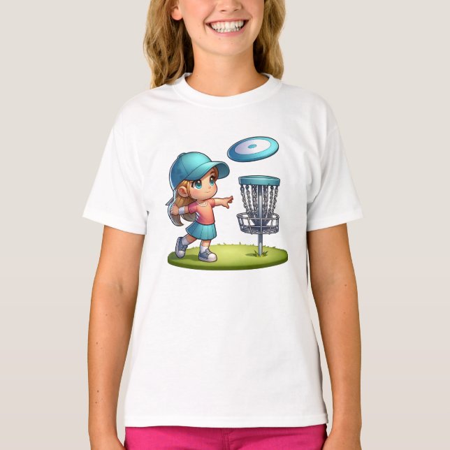 Cute Little Girl Disk Golf Tecknad T Shirt (Framsida)