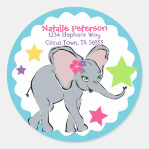 Cute Little Girl Elephant Star-adressetikett Runt Klistermärke