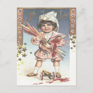 Cute Little Girl Flaska Rockets Fireworks Vykort